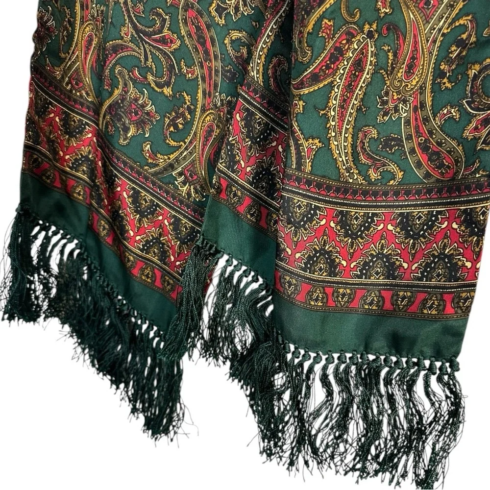 Basha 100% Silk Floral‎ Medallion Red Green Gold Scarf with Fringe 9.5x50